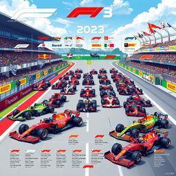 A comprehensive and colorful illustration showcasing the current Formula 1 grid for the 2023 season
