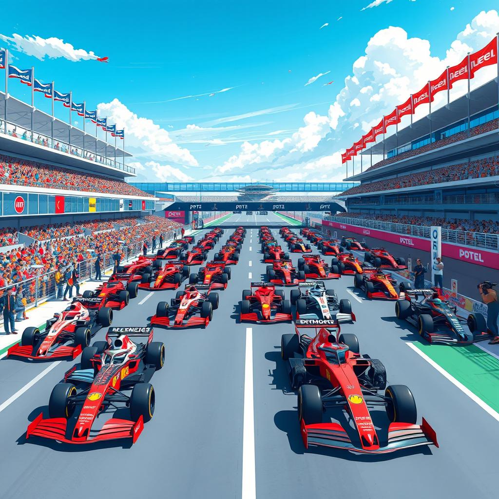 A detailed and vibrant illustration of the F1 grid for the 2025 season, showcasing all the teams and their cars lined up on the starting grid at a futuristic race track