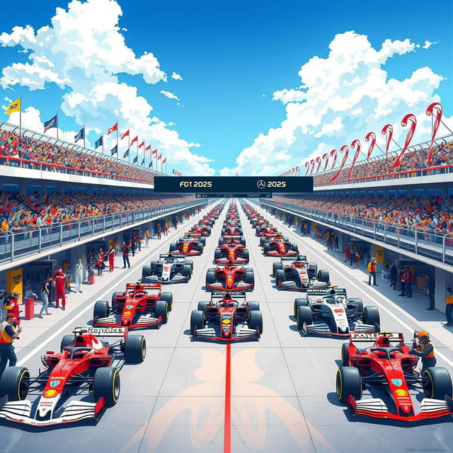 A detailed and vibrant illustration of the F1 grid for the 2025 season, showcasing all the teams and their cars lined up on the starting grid at a futuristic race track