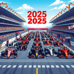 A detailed and vibrant illustration of the F1 grid for the 2025 season, showcasing all the teams and their cars lined up on the starting grid at a futuristic race track