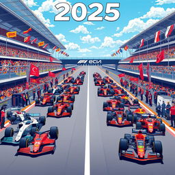 A detailed and vibrant illustration of the F1 grid for the 2025 season, showcasing all the teams and their cars lined up on the starting grid at a futuristic race track
