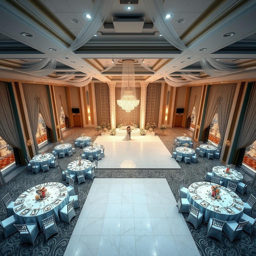A luxurious wedding hall with dimensions of 24 meters in width, 16 meters in length, and a height of 5 meters from floor to ceiling, totaling an area of 384 square meters