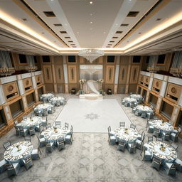 A luxurious wedding hall with dimensions of 24 meters in width, 16 meters in length, and a height of 5 meters from floor to ceiling, totaling an area of 384 square meters