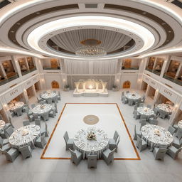 A luxurious wedding hall with dimensions of 24 meters in width, 16 meters in length, and a height of 5 meters from floor to ceiling, totaling an area of 384 square meters