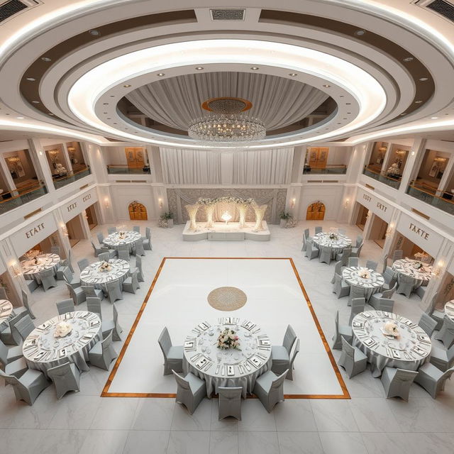 A luxurious wedding hall with dimensions of 24 meters in width, 16 meters in length, and a height of 5 meters from floor to ceiling, totaling an area of 384 square meters