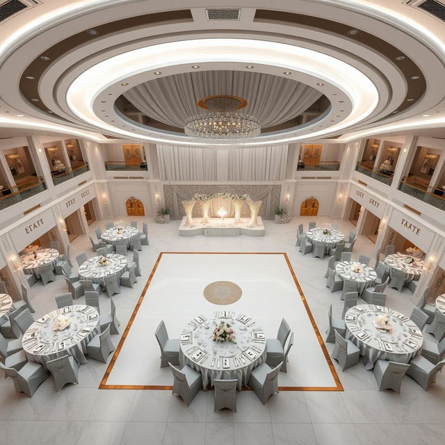 A luxurious wedding hall with dimensions of 24 meters in width, 16 meters in length, and a height of 5 meters from floor to ceiling, totaling an area of 384 square meters