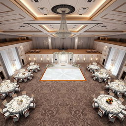 A luxurious wedding hall with dimensions of 24 meters in width, 16 meters in length, and a height of 5 meters from floor to ceiling, totaling an area of 384 square meters