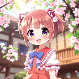 A cute anime girl with large sparkling eyes and colorful hair styled in twin tails, wearing a vibrant school uniform adorned with frills and ribbons