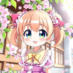 A cute anime girl with large sparkling eyes and colorful hair styled in twin tails, wearing a vibrant school uniform adorned with frills and ribbons