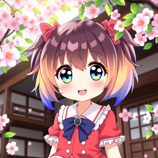 A cute anime girl with large sparkling eyes and colorful hair styled in twin tails, wearing a vibrant school uniform adorned with frills and ribbons