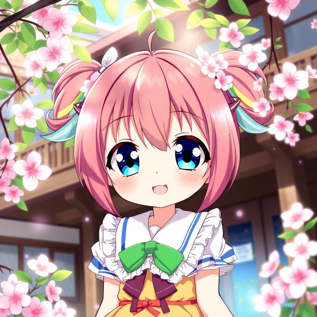 A cute anime girl with large sparkling eyes and colorful hair styled in twin tails, wearing a vibrant school uniform adorned with frills and ribbons