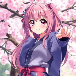 A stunning anime girl with vibrant hair in a stylish Japanese outfit, striking a dynamic pose