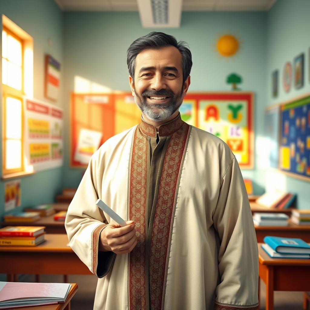 A portrait of a traditional Iranian teacher, standing in a classroom filled with colorful educational materials