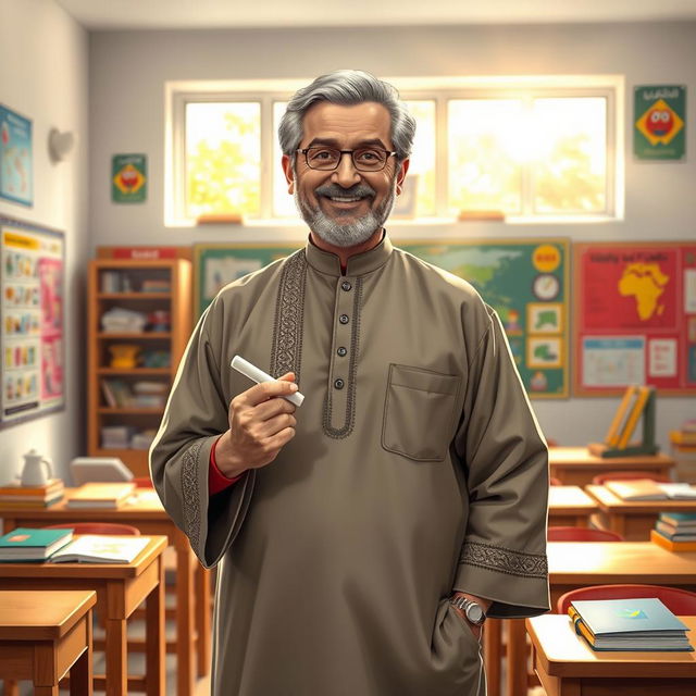 A portrait of a traditional Iranian teacher, standing in a classroom filled with colorful educational materials