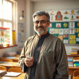 A portrait of a traditional Iranian teacher, standing in a classroom filled with colorful educational materials