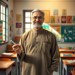 A portrait of a traditional Iranian teacher, standing in a classroom filled with colorful educational materials