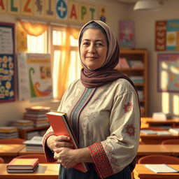 A portrait of a traditional Iranian teacher, standing in a classroom filled with colorful educational materials