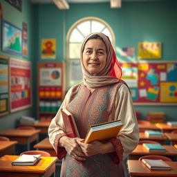 A portrait of a traditional Iranian teacher, standing in a classroom filled with colorful educational materials