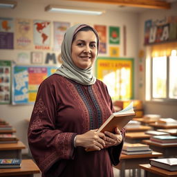 A portrait of a traditional Iranian teacher, standing in a classroom filled with colorful educational materials