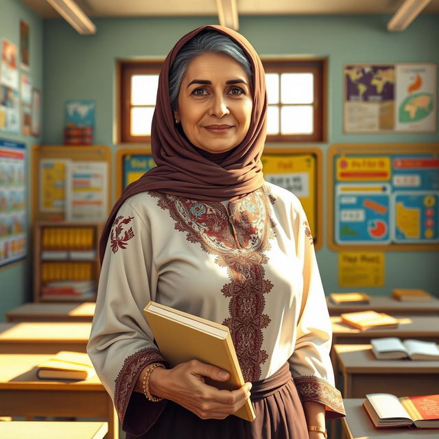 A portrait of a traditional Iranian teacher, standing in a classroom filled with colorful educational materials