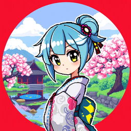 A vibrant pixel art anime girl featuring a stylish Japanese outfit, adorned with traditional patterns and details