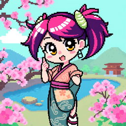 A vibrant pixel art anime girl featuring a stylish Japanese outfit, adorned with traditional patterns and details