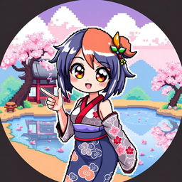 A vibrant pixel art anime girl featuring a stylish Japanese outfit, adorned with traditional patterns and details