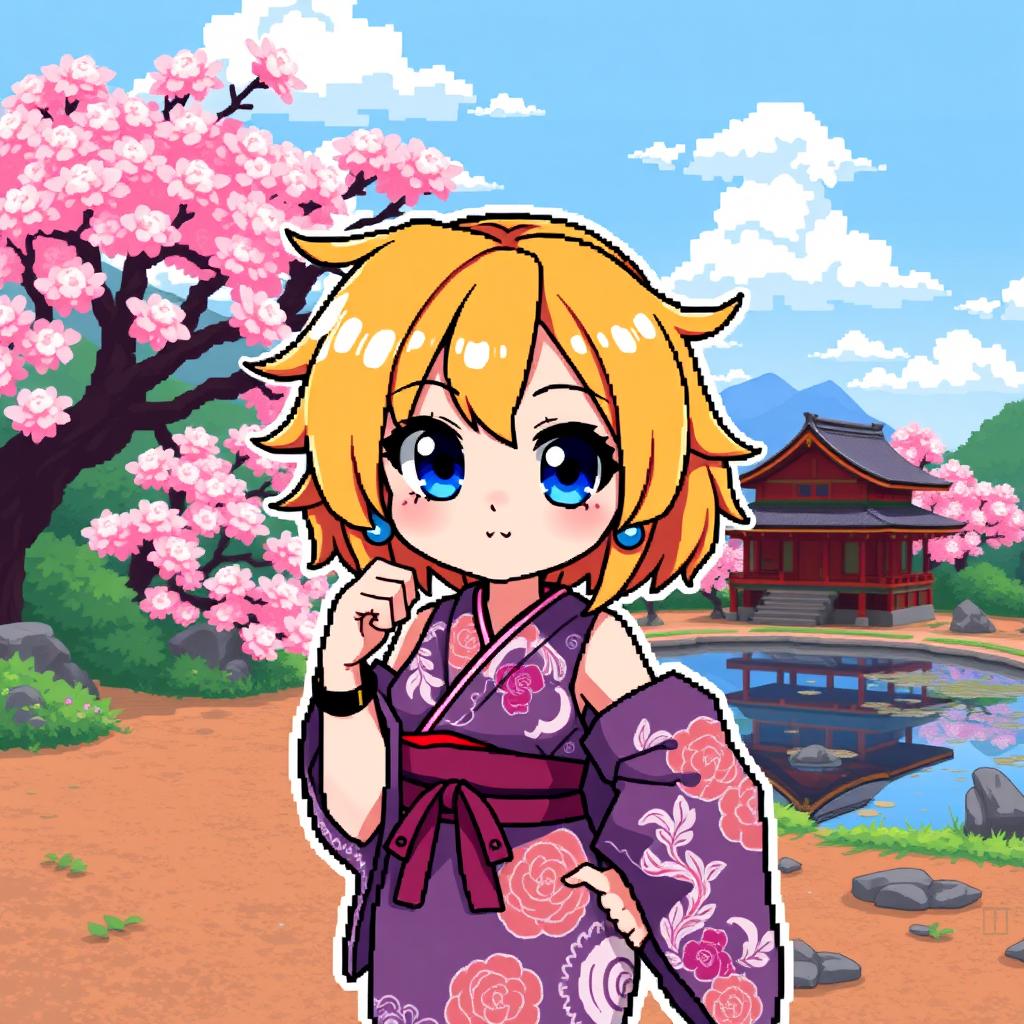 A vibrant pixel art anime girl featuring a stylish Japanese outfit, adorned with traditional patterns and details