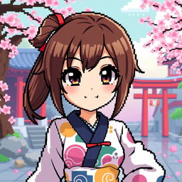 A detailed pixel art representation of an anime girl, styled in a modern Japanese outfit with colorful patterns