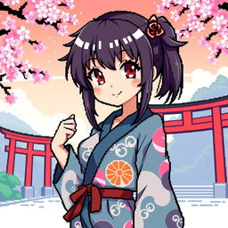 A detailed pixel art representation of an anime girl, styled in a modern Japanese outfit with colorful patterns