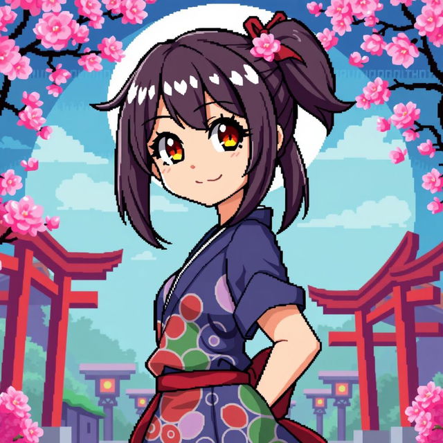 A detailed pixel art representation of an anime girl, styled in a modern Japanese outfit with colorful patterns