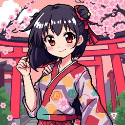 A detailed pixel art representation of an anime girl, styled in a modern Japanese outfit with colorful patterns
