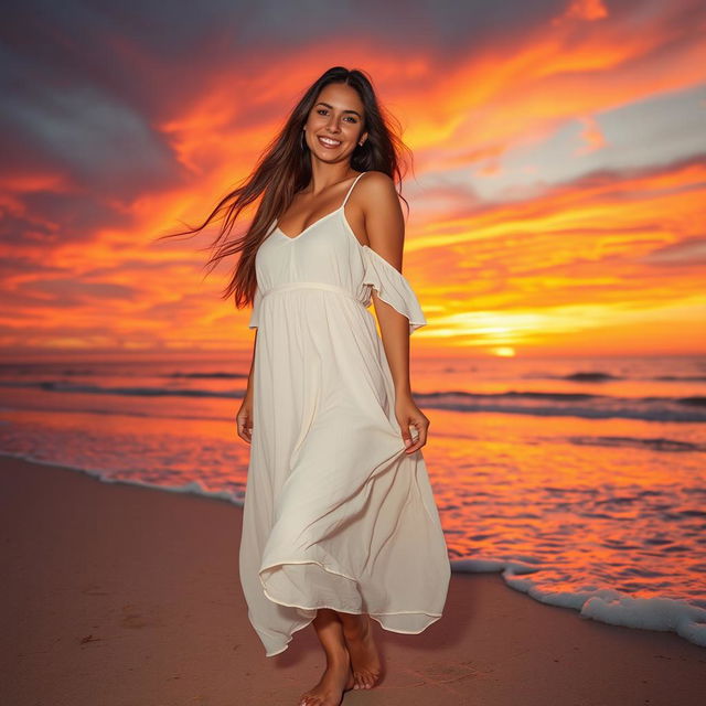 A stunningly beautiful woman standing on a sandy beach at sunset, with long flowing hair, wearing a flowing white dress that catches the gentle breeze