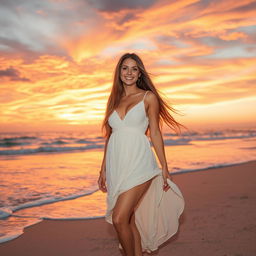 A stunningly beautiful woman standing on a sandy beach at sunset, with long flowing hair, wearing a flowing white dress that catches the gentle breeze