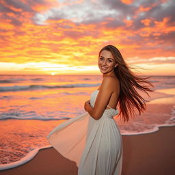 A stunningly beautiful woman standing on a sandy beach at sunset, with long flowing hair, wearing a flowing white dress that catches the gentle breeze