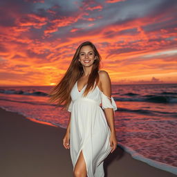 A stunningly beautiful woman standing on a sandy beach at sunset, with long flowing hair, wearing a flowing white dress that catches the gentle breeze