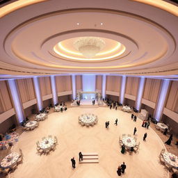 A luxurious circular wedding hall featuring a width of 24 meters, length of 16 meters, and a ceiling height of 5 meters, beautifully decorated in a sophisticated color scheme inspired by the world's most exquisite wedding venues