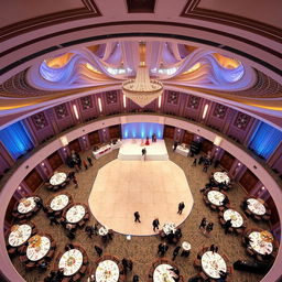 A luxurious circular wedding hall featuring a width of 24 meters, length of 16 meters, and a ceiling height of 5 meters, beautifully decorated in a sophisticated color scheme inspired by the world's most exquisite wedding venues