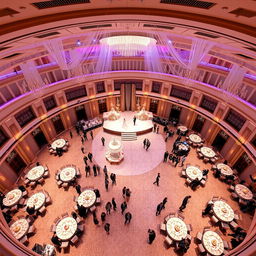 A luxurious circular wedding hall featuring a width of 24 meters, length of 16 meters, and a ceiling height of 5 meters, beautifully decorated in a sophisticated color scheme inspired by the world's most exquisite wedding venues
