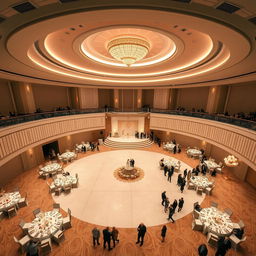 A luxurious circular wedding hall featuring a width of 24 meters, length of 16 meters, and a ceiling height of 5 meters, beautifully decorated in a sophisticated color scheme inspired by the world's most exquisite wedding venues