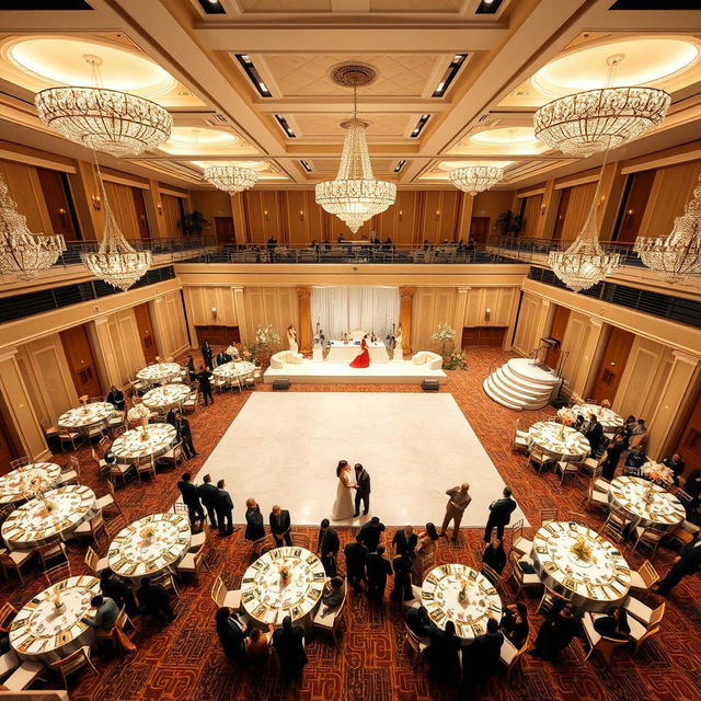 A luxurious wedding hall measuring 24 meters in width, 16 meters in length, and 5 meters high, featuring an area of 384 square meters