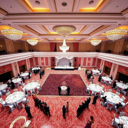 A luxurious wedding hall measuring 24 meters in width, 16 meters in length, and 5 meters high, featuring an area of 384 square meters