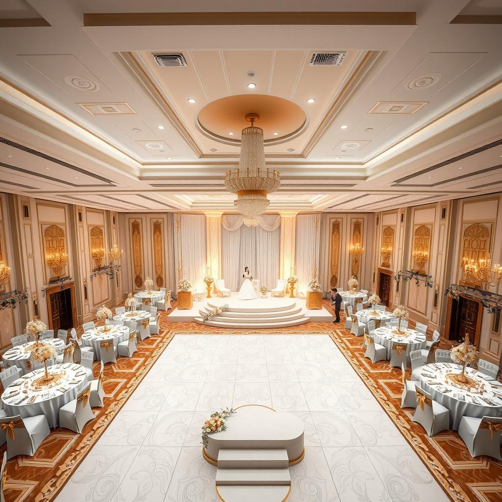 An elegant and luxurious wedding hall designed with dimensions of 24 meters wide, 16 meters long, and 5 meters high