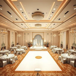 An elegant and luxurious wedding hall designed with dimensions of 24 meters wide, 16 meters long, and 5 meters high