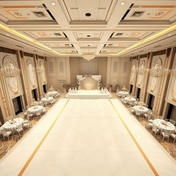 An elegant and luxurious wedding hall designed with dimensions of 24 meters wide, 16 meters long, and 5 meters high