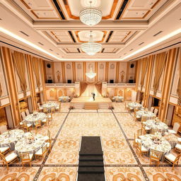 An elegant and luxurious wedding hall designed with dimensions of 24 meters wide, 16 meters long, and 5 meters high