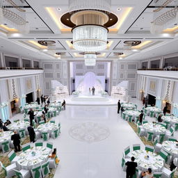A luxurious wedding hall design with dimensions: 24 meters wide, 16 meters long, and 5 meters high, totaling 384 square meters