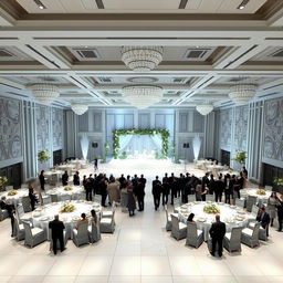 A luxurious wedding hall design with dimensions: 24 meters wide, 16 meters long, and 5 meters high, totaling 384 square meters