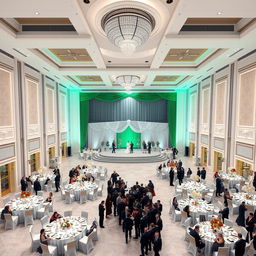 A luxurious wedding hall design with dimensions: 24 meters wide, 16 meters long, and 5 meters high, totaling 384 square meters