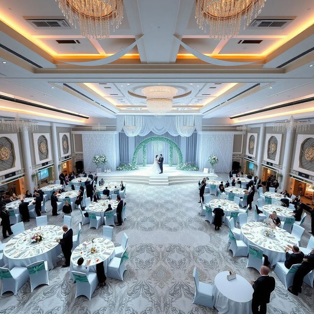 A luxurious wedding hall design with dimensions: 24 meters wide, 16 meters long, and 5 meters high, totaling 384 square meters